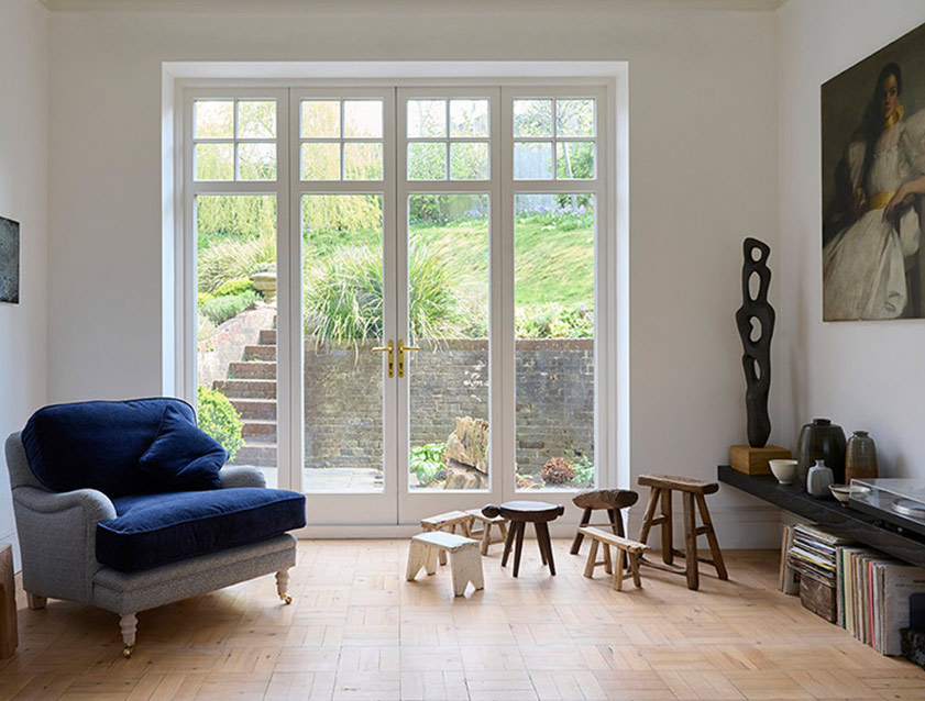 Coates Chair in RHS Gertrude Jekyll Lattice Blue with Seat and Back Cushions in Mohair Indigo